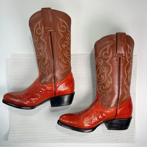 African Boot Co Python Leather Cowboy Boots Mens 6.5 Brown Western - Picture 2 of 14